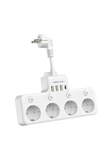 Choice شريط طاقة أوروبي متعدد التوصيلات 110-250 فولت، 4 منافذ بيضاء، مع 3 منافذ USB و1 منفذ Type-C