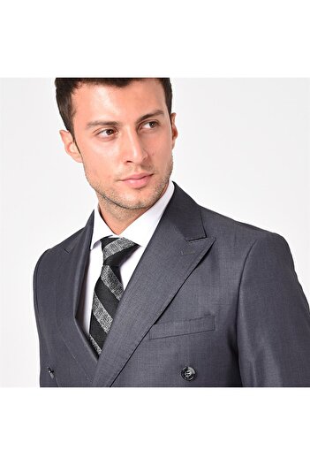 AGUSTİNİ Füme Kruvaze Sivri Yaka Slim Fit Takım Elbise | Agustini