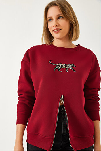 Bianco Lucci Women's Three Thread Raised Front Zippered Leopard Printed Sweatshirt 60351258