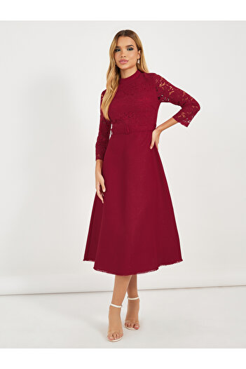 Styli Lace Insert Belted A-Line Midi Dress