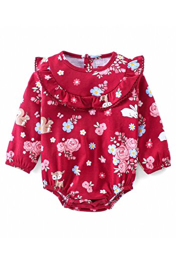 Babyhug 100% Cotton Knit Full Sleeves Onesie With Hairband & Booties Floral Print - Red