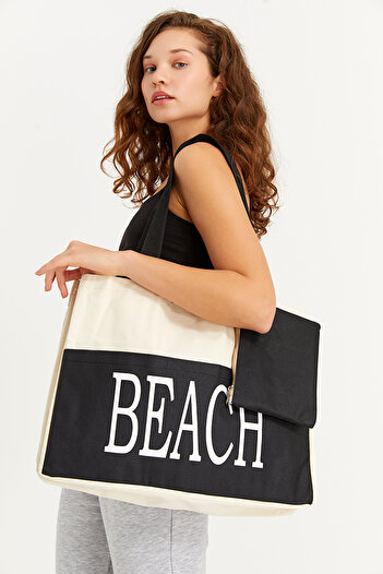 Ecrou Women's Beach Written Waterproof Lined Beach Seaside Bag Cream 45 X 50 cm