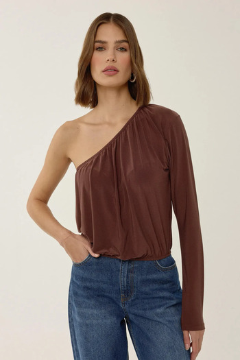 Hiccup Asymmetrical Neckline Drawstring Blouse