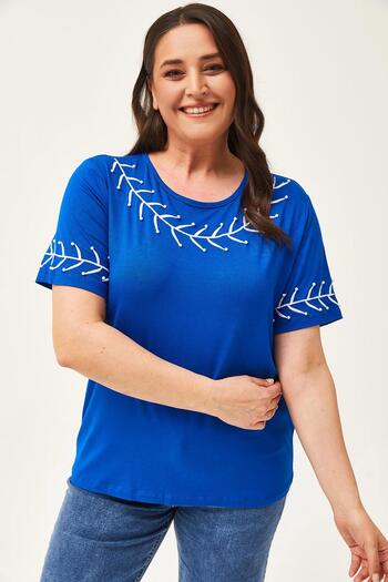 Ebsumu Women's Plus Size Branch Embroidery Detail Blue Blouse