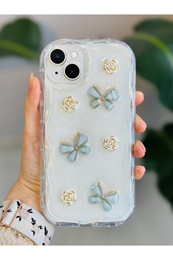 Go Aksesuar Iphone 14 Plus - 15 Plus  Sedef Kelebek Tasarımlı Oyuncaklı Silikon Kılıf