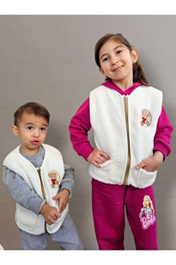 Alpar Tekstil Welsoft Plush Baby Girl and Boy Vest - Zipper and Pocket, (2-10 Years)/Cream