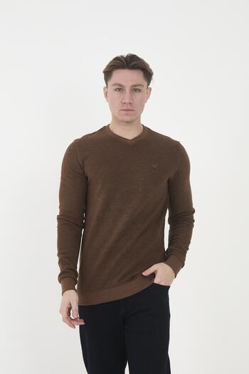 Maccali Ανδρικό φούτερ RelaxFit Winter V-Neck μακρύ μασίφ καφέ