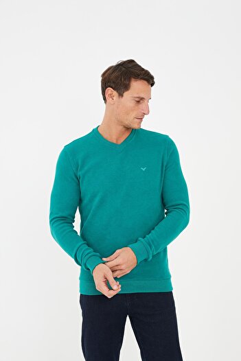 Maccali Men's Relaxfit Winter V Neck Long Solid Green Sweatshirt