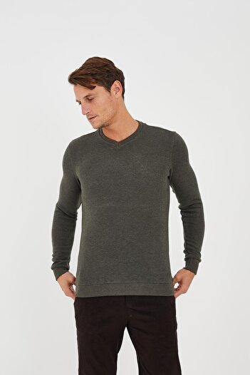 Maccali Men's Relaxfit Winter V Neck Long Solid Khaki Sweatshirt