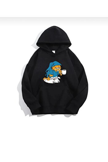 New Shine Unisex Black Garfield Printed 2 Thread Sweatshirt