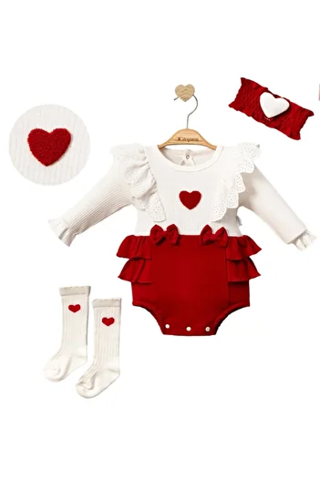 lullabee Lottie 0-9 Months Newborn Punch Embroidered Red Heart Girl Romper - Special Day Baby Set