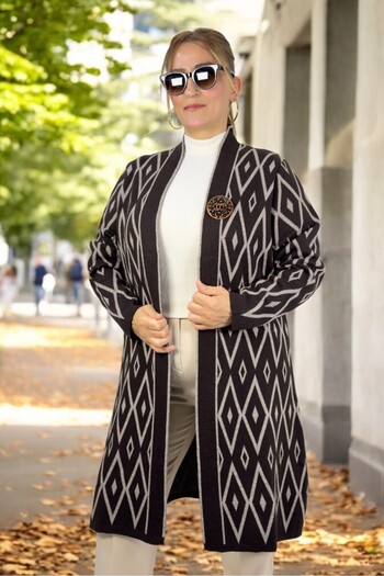 yagmurberen Baklava Patterned Broch Detailed Long Sleeve Shal Collar Large Size Knitting Cardigan