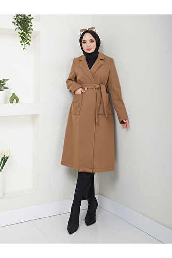 VOLT CLOTHİNG Women's Jacket Collar Buttoned Belted Cashmere Coat