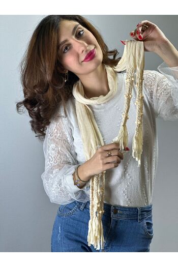 Gönülden Tasarım Ecru Colored - Soft Combed Women's Scarf Shawl 130X40 cm with Bead Detail