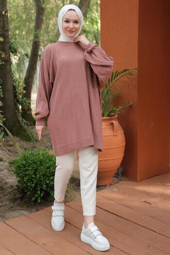 hafsamina Dusty Rose Balloon Sleeve Knitwear Tunic - Hm2519