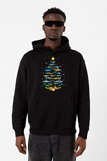 Tshirthane Світшот з капюшоном Shark Christmas Tree, чорний, чоловічий, 3 кишені