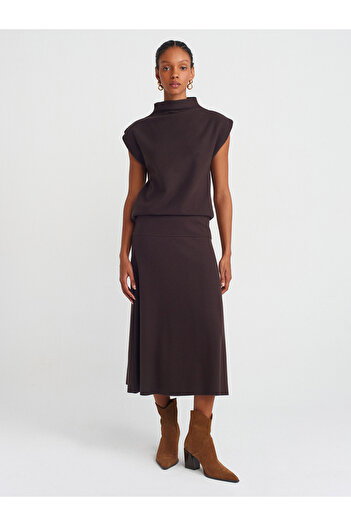 Dilvin 80390 Model Thessaloniki Brown Midi Skirt