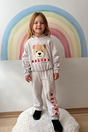 Breeze Σετ φόρμας για κορίτσια Cute Teddy Bear printed 5-10 ετών, Beige Melange