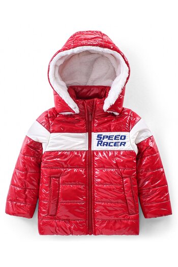 Babyhug Babyhug Full Sleeves Front Open Padded Hooded Jacket with Colour Block Design & Text Embroidery -Red