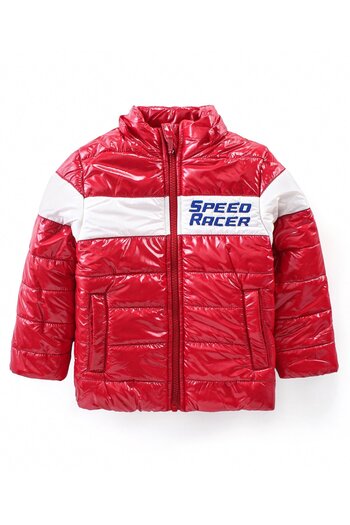 Babyhug Babyhug Full Sleeves Front Open Padded Hooded Jacket with Colour Block Design & Text Embroidery -Red