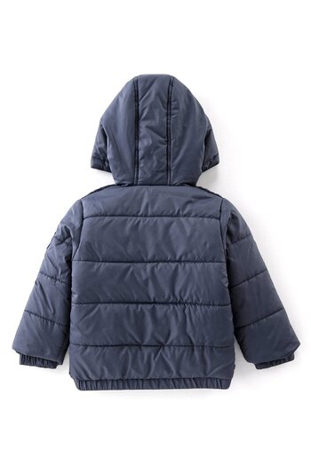 Babyhug Babyhug Woven Full Sleeves Hooded Jacket with Fur Detailing - Navy