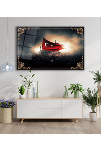 duvarsanatı Dalgalanan Türk Bayrağı ve Cami Cam Tablo , Modern Ev Ofis Salon Duvar Dekoru Büyük Tablo ,Hediyelik