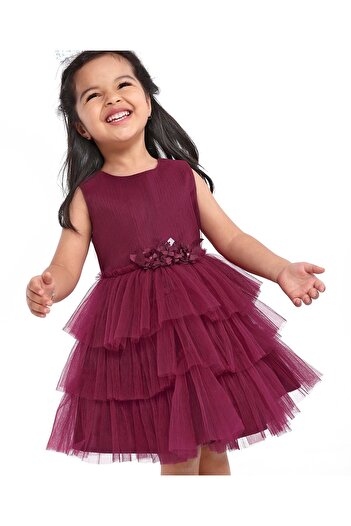 Babyhug Sleeveless Party Wear Layered Frock With Net Detailing & Floral Corsage- Maroon