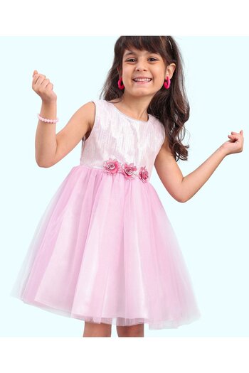 Babyhug Party Frock with Sequin & Flower Applique - Rose