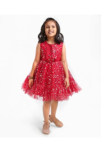 Babyhug Sleeveless Party Frock With Floral Corsage & Foil Stars Print- Red