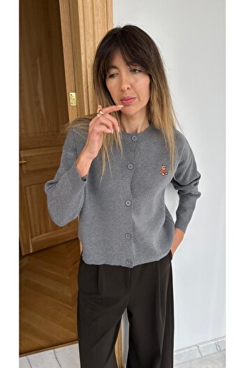 Askı Nişantaşı Dark-Grey Crew Neck Teddy Bear Embroidered Cardigan