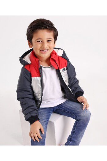 Babyhug Babyhug Polyester Full Sleeves Color Block Hooded Fashion Heavy Winter Jacket - Silver Red Blue