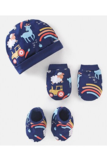 Bonfino Cotton Cap, Mitten & Booties Set Navy