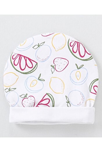 Bonfino Cotton Cap Mittens & Booties Set Fruit Print White  - Diameter 12.5 cm