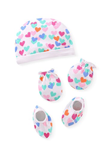 Babyhug 100% Cotton Knit Cap Mittens & Booties With Heart Print - White