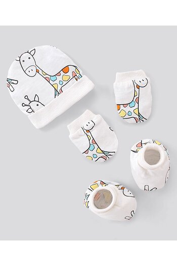 Bonfino Animal Print Cap Mittens & Booties - White