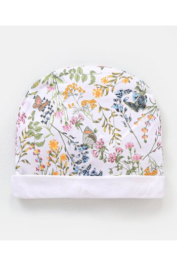 Bonfino Cotton Cap Mittens & Booties Set Floral Print Ivory - Diameter 12.5 cm
