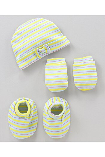 Bonfino Cotton Cap Mittens & Booties Set - Ivory Yellow