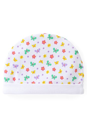 Babyhug 100% Cotton Knit Cap Mittens & Booties With Butterfly Print - White