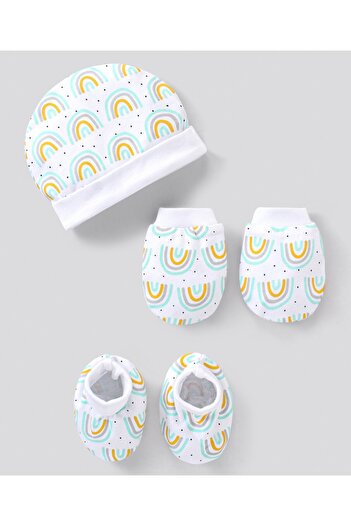 Bonfino Bonfino Knit Cap Mittens & Booties Set Rainbow Print White - Diameter 11.5 cm