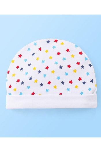 Babyhug 100% Cotton Knit Star Print Cap Mittens & Booties- White