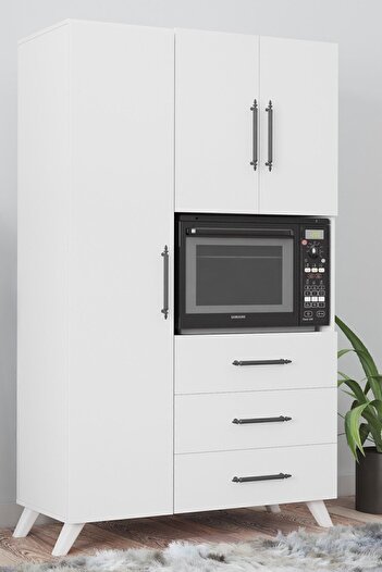 AEKA Ae-2074 Aras Beyaz Çok Amaçlı Mutfak Dolabı&banyo Dolabı, Kiler, 3 Kapaklı, 3 Çekmeceli, Fırın Bölme