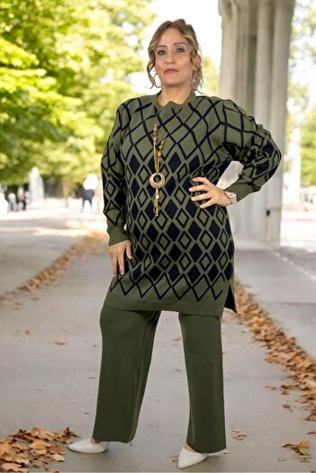 yagmurberen Geometric Patterned Accessory Detail Mini Slip 100% Acrylic Fabric Large Size Bottom Top Suit