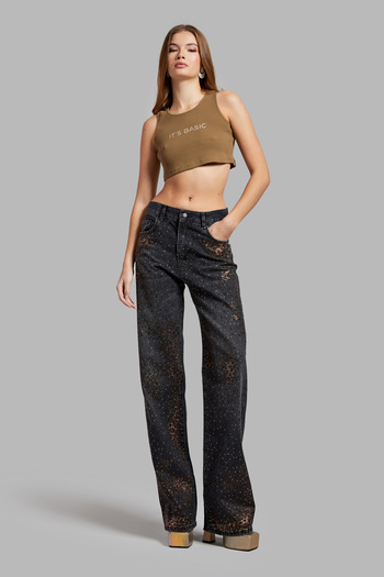 its basic Women's Denim with Smoked Color Leopard Print Shiny Stones - Loose Fit T2W41