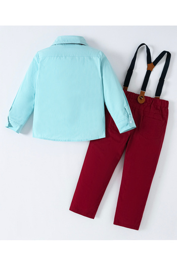 Kookie Kids Solid Shirt & Trousers Set With Suspenders & Bow Tie - Blue & Red