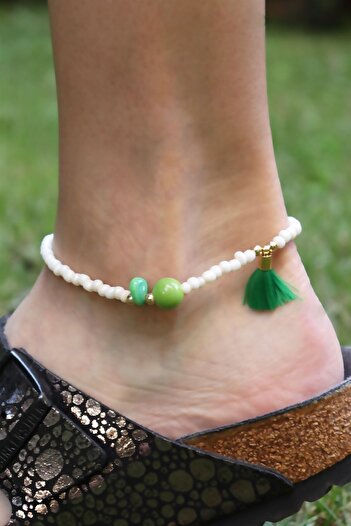 Sose Moda Women's Young Beaded Green Heart Detailed Adjustable Anklet