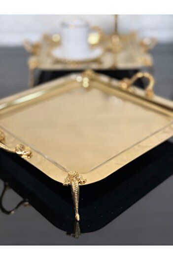 atabey home collection 2 Pcs Coffee & Tea & Presentation Tray Gold Tray with Rose Feet and Handles