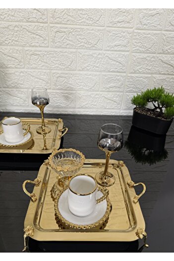atabey home collection 2 ADET Kahve & Çay & Sunum Tepsisi Gold Tepsi Gül Ayaklı ve Kulplu
