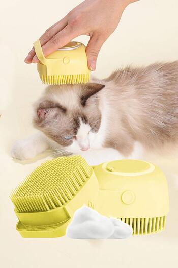 GOBYPET Cat and Dog Pet Washing Brush with Shampoo Chamber Silicone Yellow