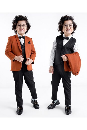 Babyhug Woven Full Sleeves Stretch Fit Five Piece Party Suit Solid Colour-  Rust & Black