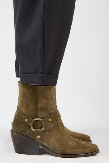 Manijero (Neus) Women's Genuine Leather Ring Belted Cowboy Special Tumbled Leather Khaki Boots